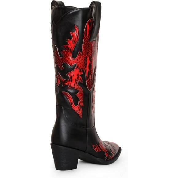 Women's Black Red Mid Calf Knee High Pointed Toe Dressy Cowgirl Western Boots - Picture 3 of 6